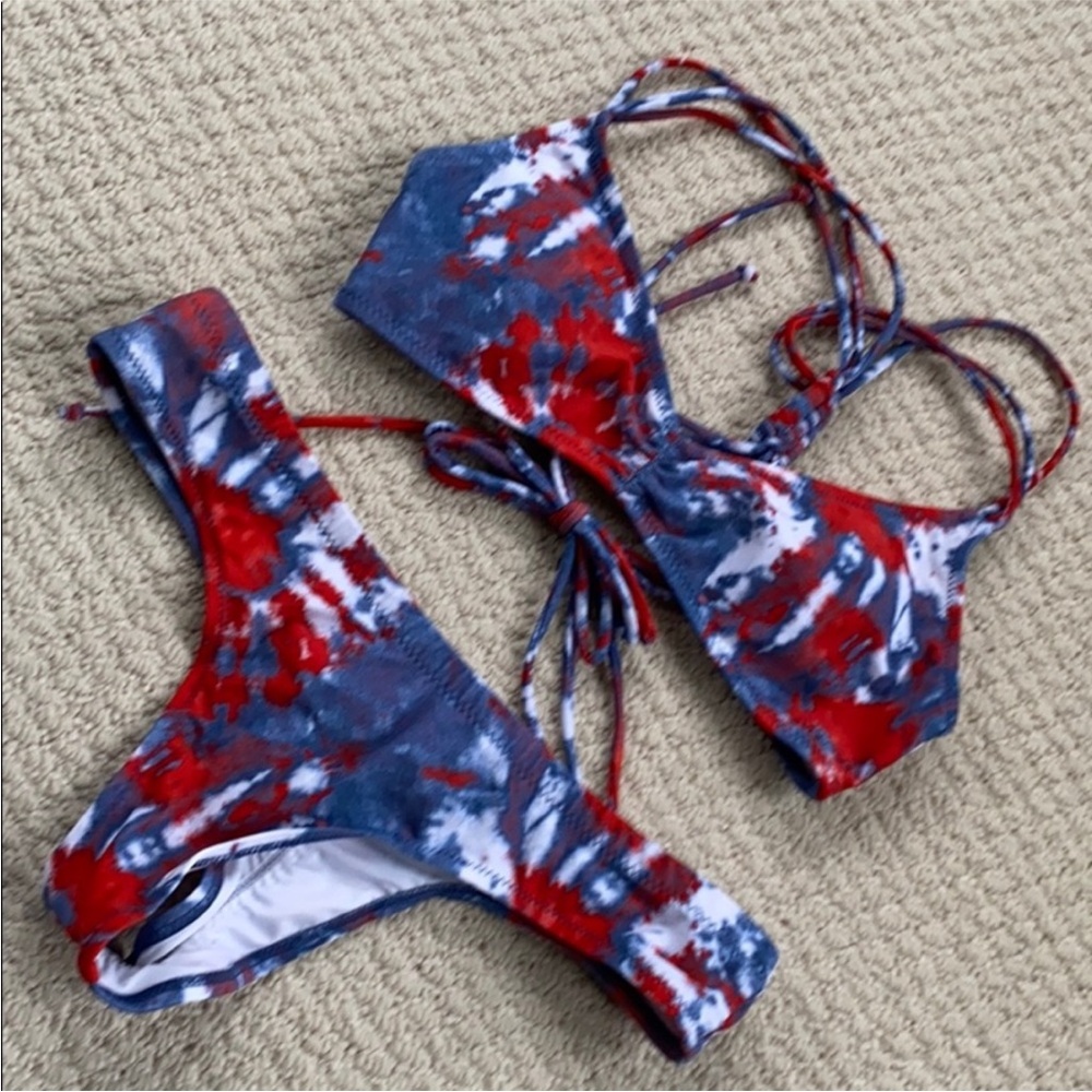 Volcom Red and Blue Tie-Dye Bikini Set - size small